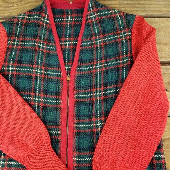 Womens Vintage Christmas Plaid V Neck Zip Up Sweater Red Green Size Small - Picture 6 of 7